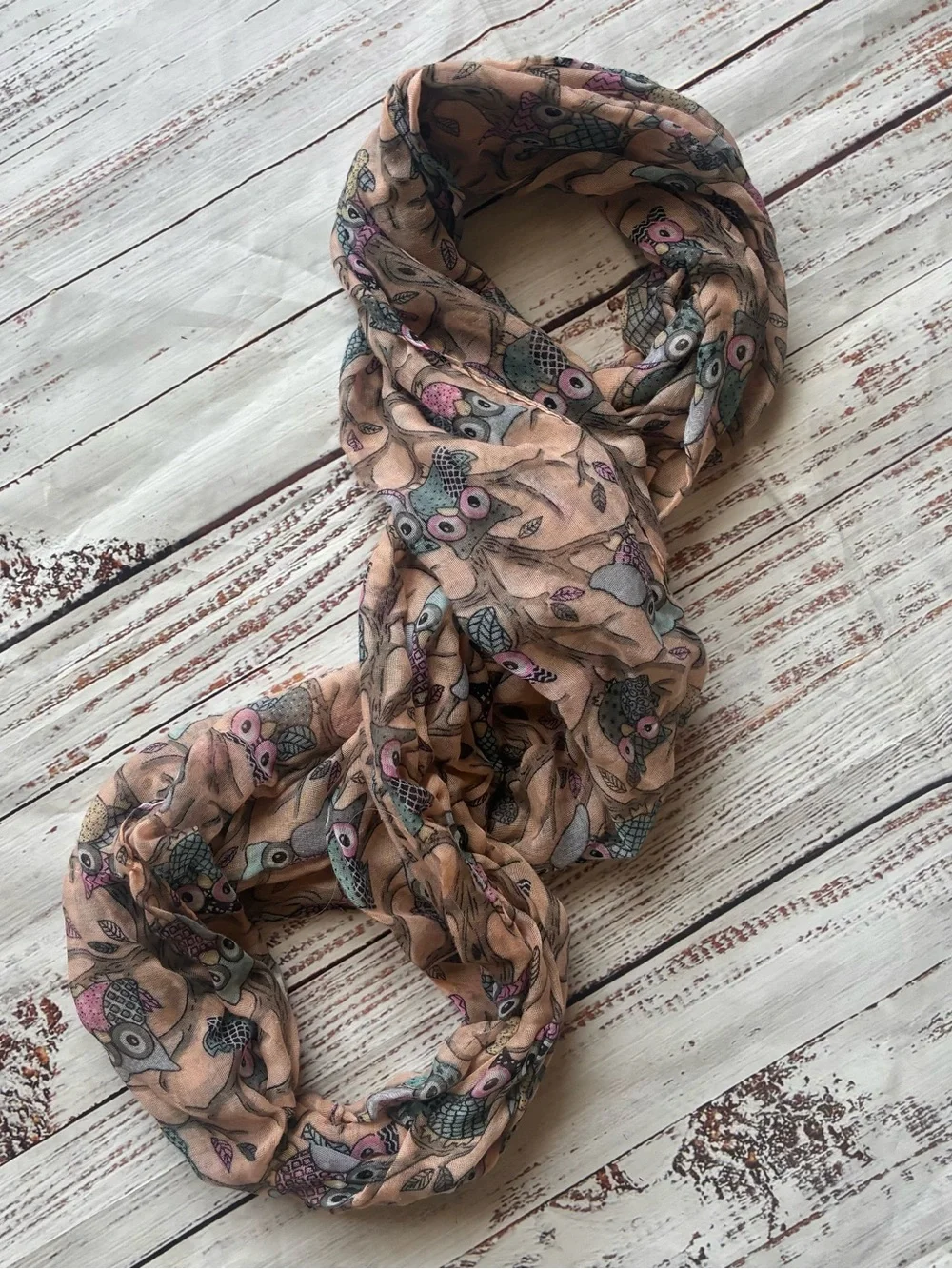 Light Peach Owl Print Infinity Scarf - Women Accessories